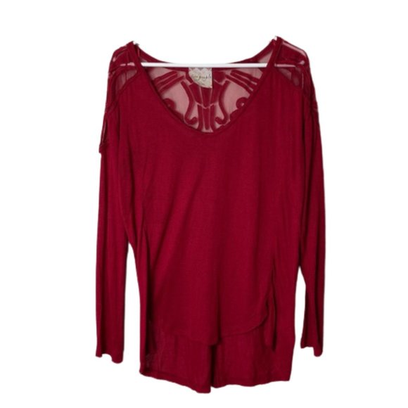 Free people gatsby red sheer lace shoulder long sleeve top M - Picture 1 of 12